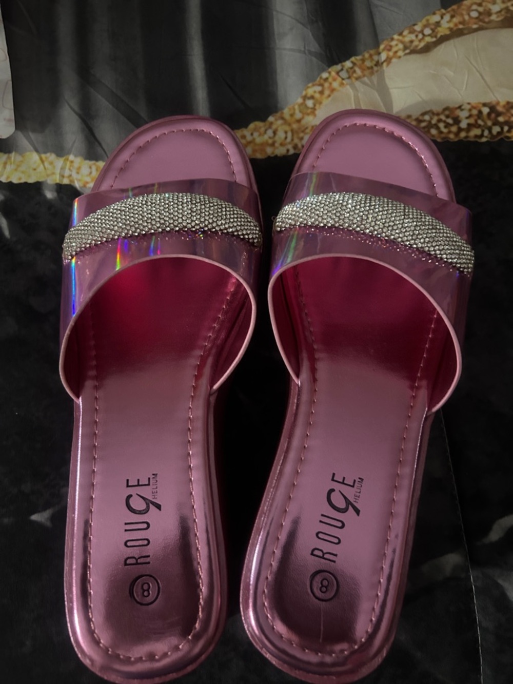RouGe Pink Holographic Slide Sandals with Crystal Accent - Picture 2 of 5